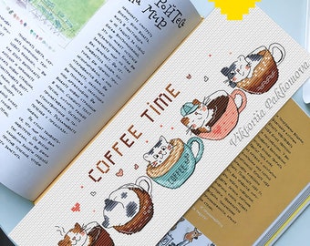 Marque-page Coffee Cats, motif point de croix : mini kitty pour rat de bibliothèque (téléchargement PDF)