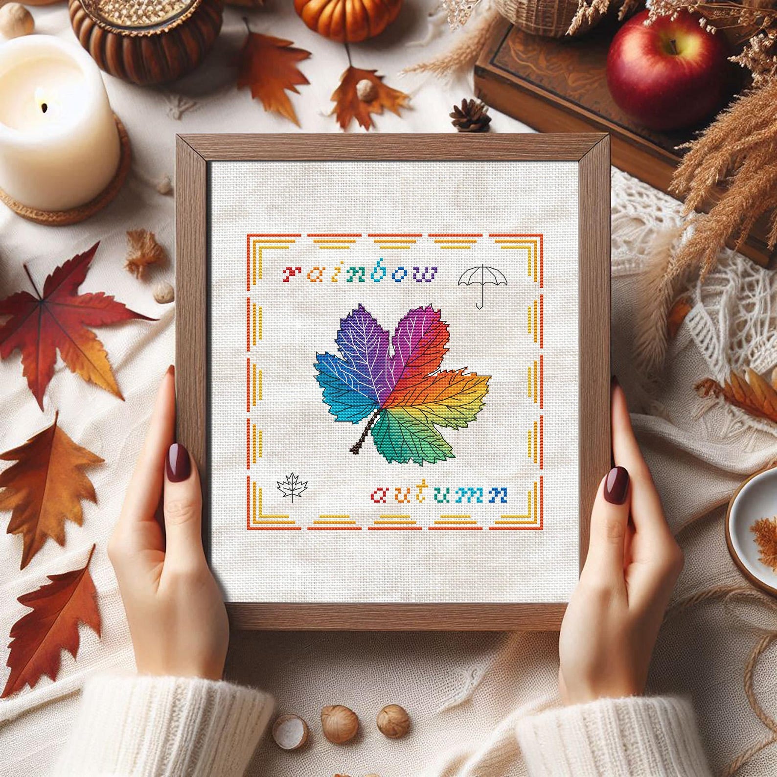Rainbow Maple Leaf Cross Stitch Pattern: Pictorial Autumn Mini Nature ...