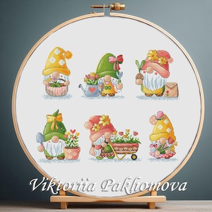 Garden Gnome bundle Cross Stitch Pattern: Floral dwarf summer Set (PDF)