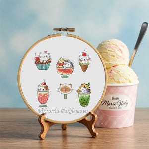 Ice Cream Cat Cross Stitch Pattern: Whimsical Feline Embroidery (PDF Pattern)