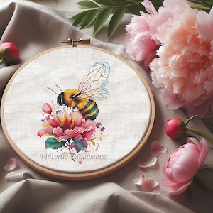 Floral bee cross stitch pattern pdf Pink peony pictorial tapestry Small bumblebee kawaii flower embroidery design digital download