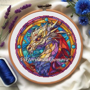 Stained Glass Dragon Cross Stitch Pattern – Colorful Round Fantasy Embroidery (PDF)
