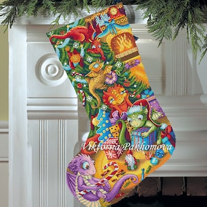 May include: A Christmas stocking with a colourful design featuring five dragons, a Christmas tree, presents, candy canes, and the text "Viktoria Pakhomova".