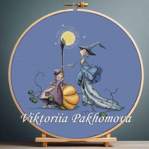 Witches cross stitch pattern pdf Whimsical Halloween funny tapestry Pictorial pumpking design digital download pattern keeper compatible