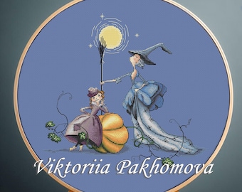 Witches cross stitch pattern pdf Whimsical Halloween funny tapestry Pictorial pumpking design digital download pattern keeper compatible