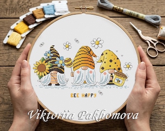 Bumblebee Gnome Cross Stitch Pattern PDF, Honey Bee Dwarf Whimsical Mini Embroidery