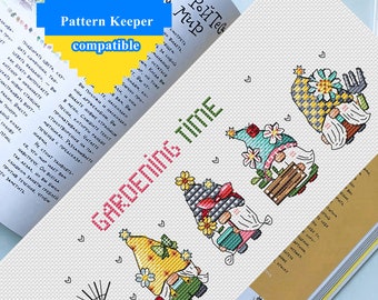 May include: Cross stitch pattern featuring five gnomes with gardening tools and flowers. The pattern is titled "Gardening Time" and is compatible with Pattern Keeper software.
