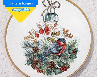 Bullfinch christmas ornament cross stitch pattern PDF - winter red bird for handmade holiday decor