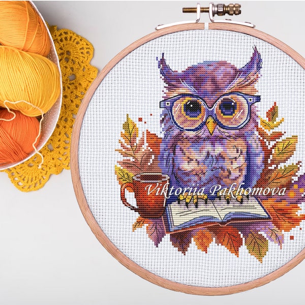 Fall owl cross stitch pattern pdf Cozy autumn maple leaves DIY embroidery for coffee and book lovers Woodland creature stitching design