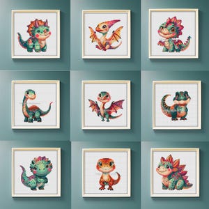 Lot d'animaux du Jurassique, motif de point de croix pdf Ensemble de broderie mini bébé dinosaure et ptérodactyles Idée cadeau DIY pour chambre d'enfant