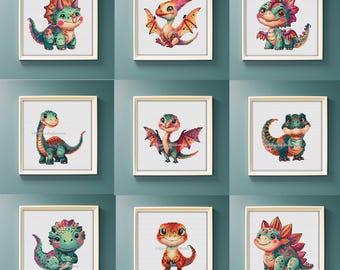 Jurassic animals bundle cross stitch pattern pdf Mini baby dinosaur & pterodactyl embroidery set Cute nursery decor DIY Shower gift idea