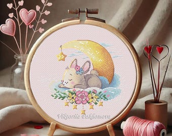 Customized baby bunny birth announcement cross stitch pattern PDF, Personalized name & birth stats, Keepsake gift for new mom, Cute design