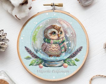 Snow Globe Owl Cross Stitch Pattern: Winter Bird in glass ball christmas embroidery (PDF)