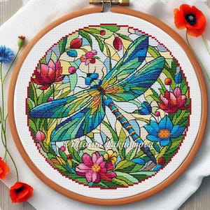 Stained glass dragonfly cross stitch pattern pdf, Colorful insect round embroidery, Summer garden blooms tapestry design, DIY craft gift