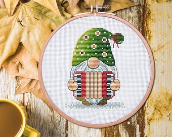 Accordion gnome cross stitch pattern pdf Summer leprechaun october fest tapestry diy Small fairy kawaii embroidery Mini garden dwarf digital