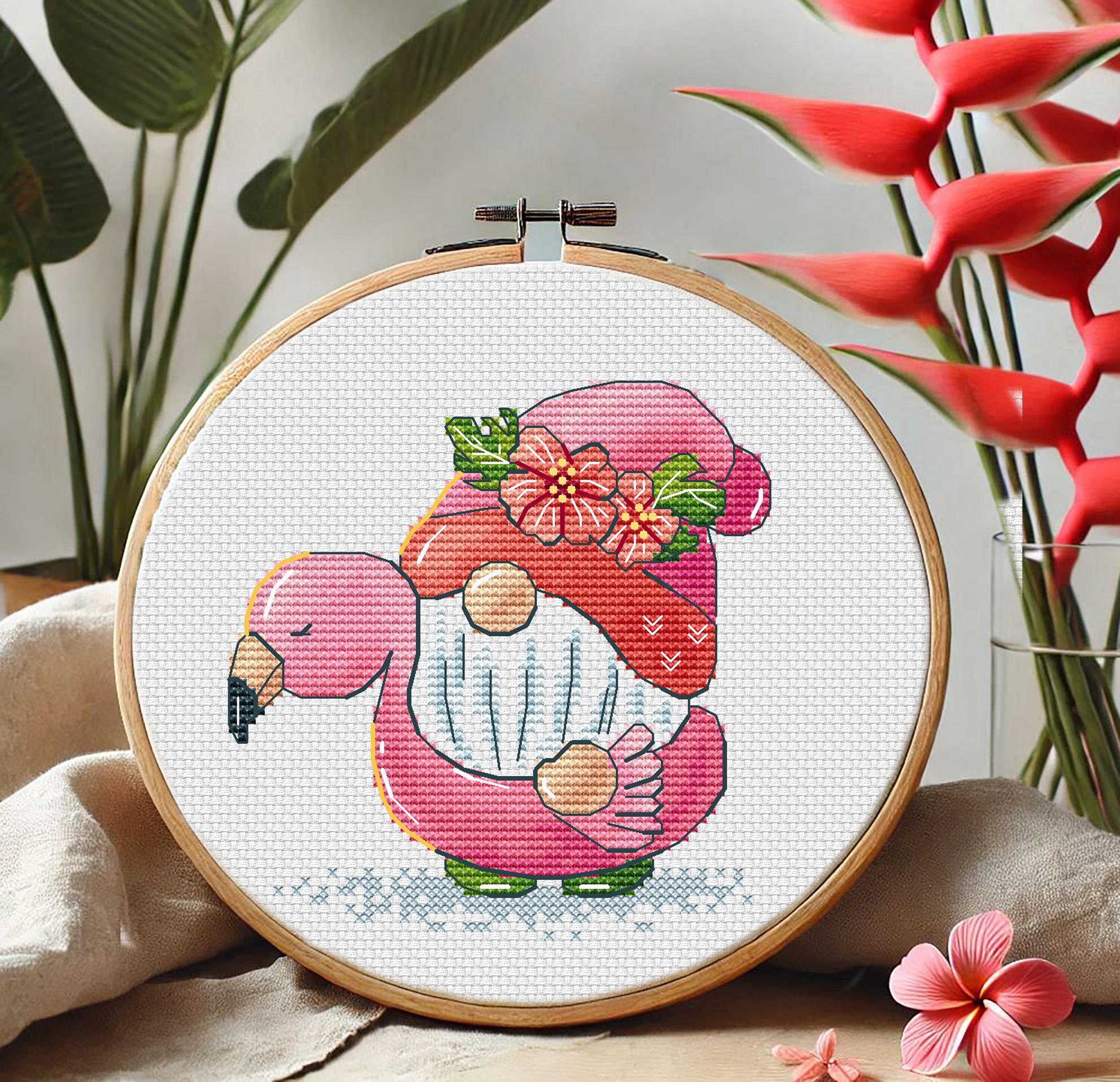 Flamingo Gnome Cross Stitch Pattern: Tropical Dwarf Funny Summer