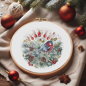 Bullfinch Christmas Wreath Cross Stitch Pattern: Winter red Bird xmas design, xmas holiday stitching diy gift (PDF Digital Download)