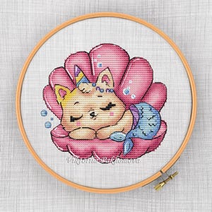 マーメイド猫のクロスステッチパターンpdf かわいい子猫ユニコーン航海刺繍面白い猫のペット保育園アート装飾ミニ赤ちゃんの海の動物