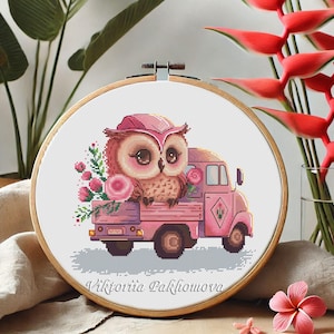 Baby Owl Pink Truck Cross Stitch Pattern: Whimsical Nursery Decor (PDF Pattern)