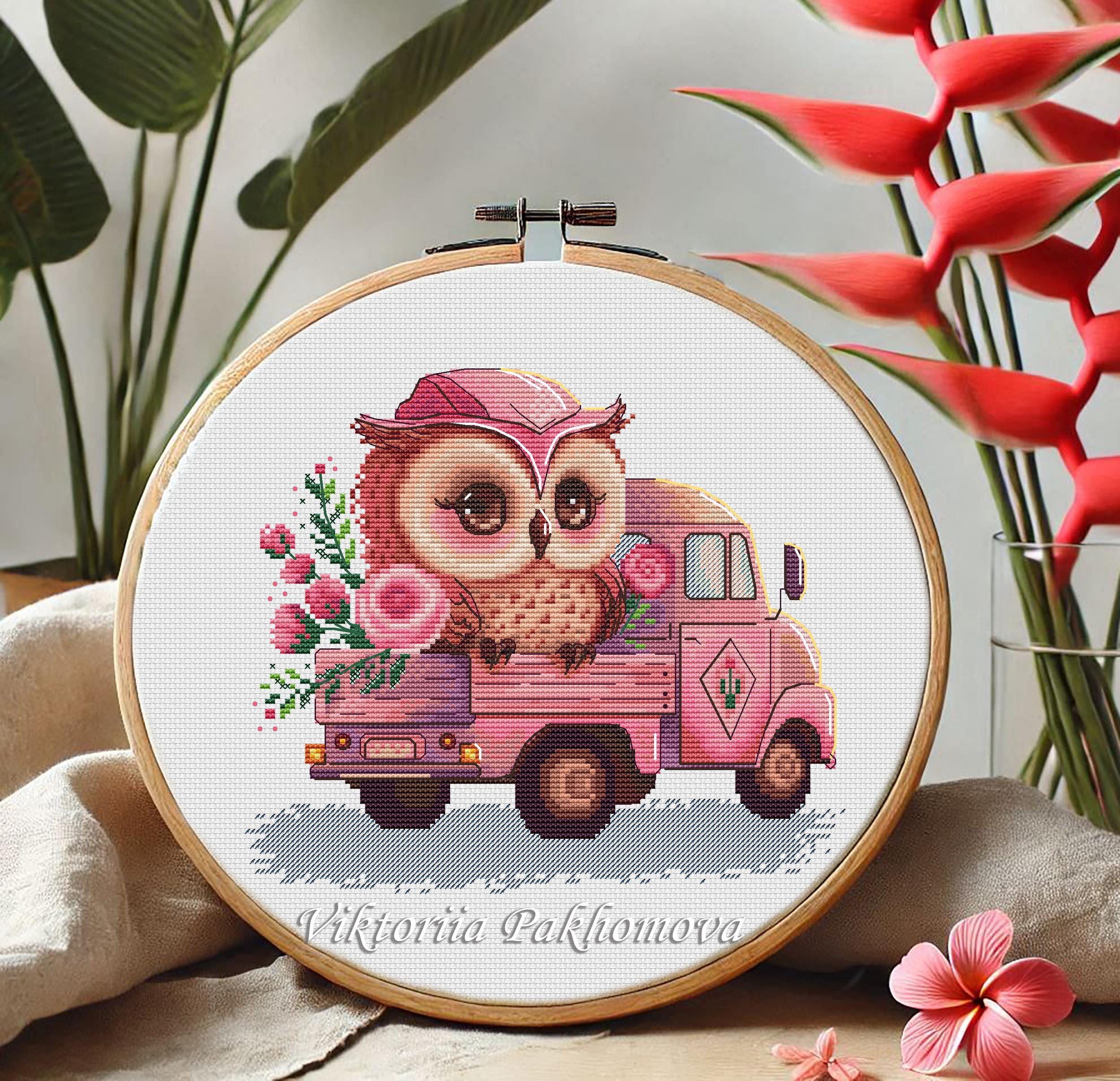 Baby Owl Cross Stitch Pattern: Whimsical bird on pink truck colorful nursery emboidery (PDF)