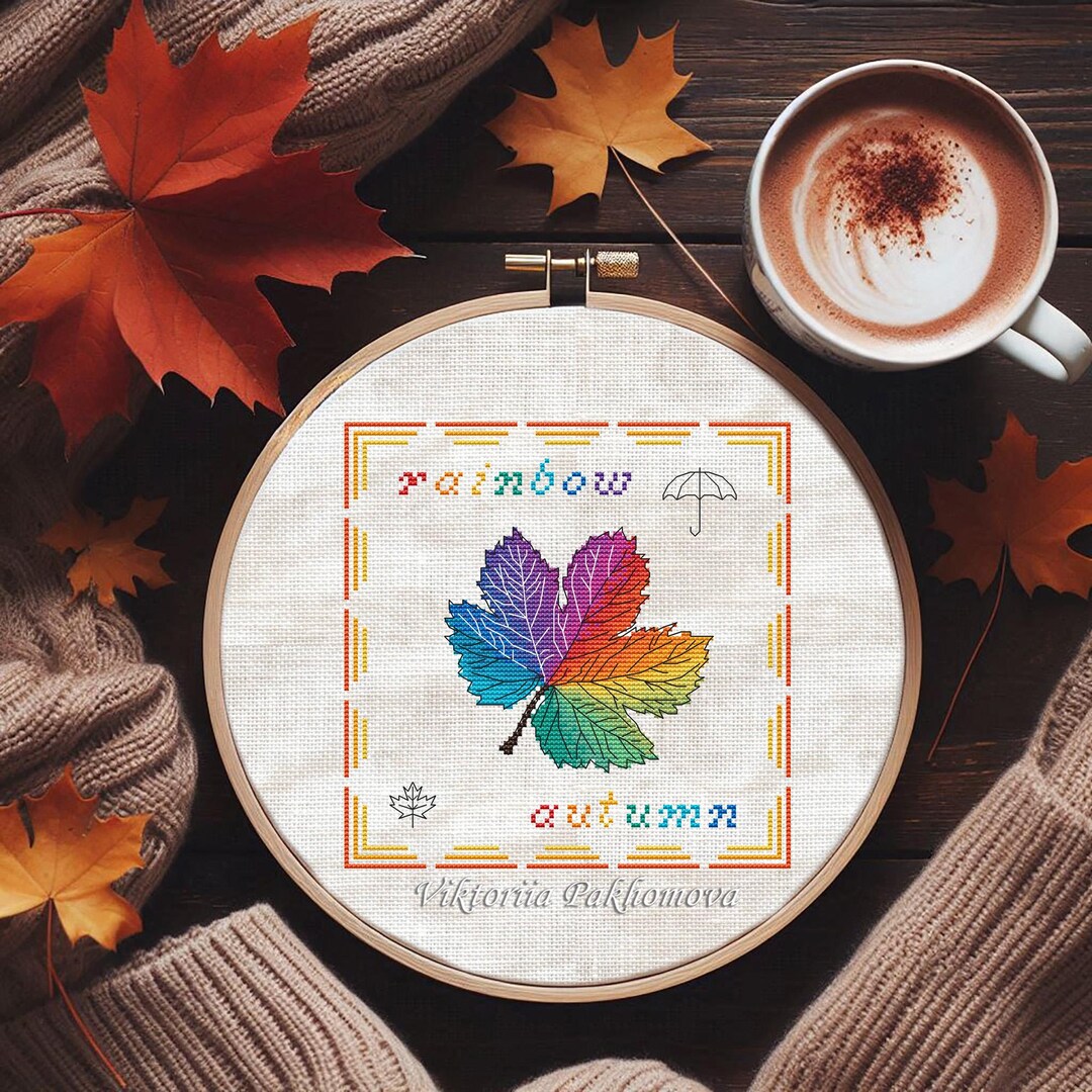 Rainbow Maple Leaf Cross Stitch Pattern: Pictorial Autumn Mini Nature ...
