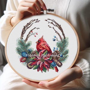 Spurce wreath with cardinal cross stitch pattern pdf, Red winter bird colorful christmas, craft design for adults, pictorial xmas decoration