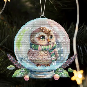 Snow Globe Owl Cross Stitch Pattern, Winter Bird Embroidery (PDF Download)