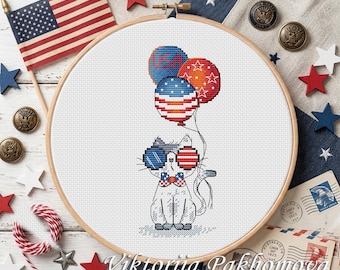 4th July Cat Cross Stitch Pattern: Patriotic Kitty Hand Embroidery design (PDF)