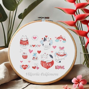 ロマンチックな猫のミニバンドルクロスステッチパターンPDF。恋する面白いペット、カラフルな刺繍、動物のステッチデザイン、結婚式のギフトのアイデア