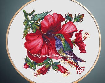 Kruissteekpatroon hibiscus en kolibrie: kleurrijke bloemenborduurkaart colibrivogel (pdf)