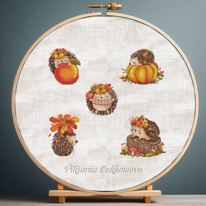 Herbst Igel Kreuzstich Stickmuster Ahornblatt Herbst bunte Waldtiere Pilz Stickdatei Ahornblatt Gobelin Wanddeko digital