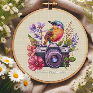 Vintage camera cross stitch pattern Floral hummingbird design Summer colorful needlepoint DIY Whimsical embroidery pattern keeper compatible