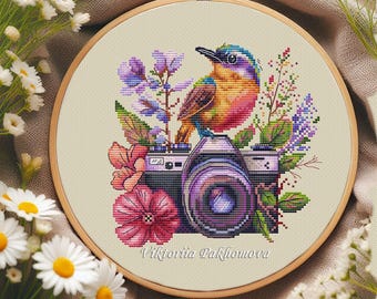 Vintage Floral Camera Cross Stitch Pattern: Hummingbird design (PDF)