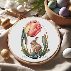 イースターバニーのクロスステッチパターンpdf 絵画的な花の卵の刺繍 赤い植物の植物学チューリップのタペストリーデジタルダウンロードウクライナ製