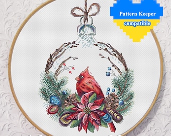 Cardinal Christmas ornament cross stitch pattern pdf Whimsical red bird winter embroidery Colorful tapestry Xmas decoration gift DIY craft