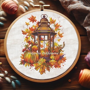 Herbst vintage Laternen Kreuzstich Stickmuster Ahornblätter Ahornblätter Wandbehang Ahornblätter in Ahornblätter Ahornblätter