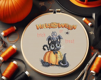 May include: A Halloween-themed cross-stitch embroidery hoop featuring a black cat sitting on a pumpkin, with a bat on its head. The text "HALLOWEEN trick or treat" is stitched above the cat. Orange thread spools, pumpkins, and a witch's hat surround the hoop.