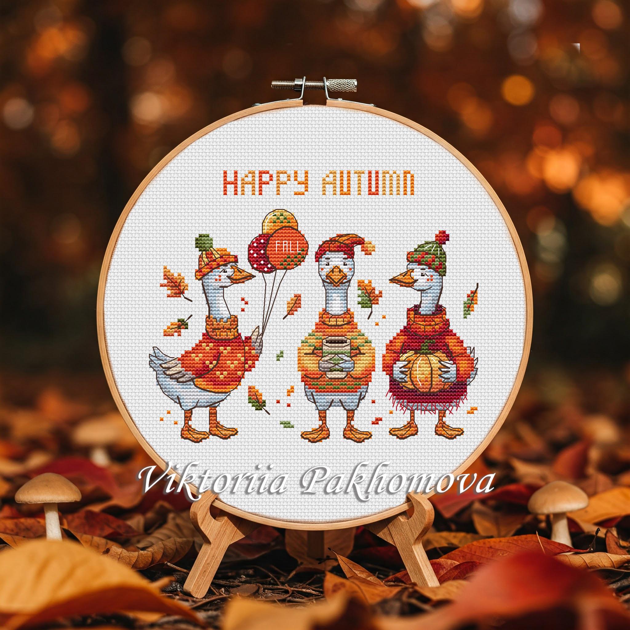 Autumn Geese Cross Stitch Pattern: Thanksgiving Fall Goose Bird Design ...