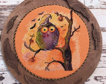 Owl Halloween cross stitch pattern pdf Funky bird pictorial embroidery Crazy bat funny tapestry digital download made in Ukraine