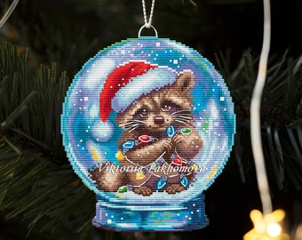 Snow globe raccoon cross stitch pattern pdf Cute funny winter animal pictorial embroidery Christmas nursery tapestry digital download