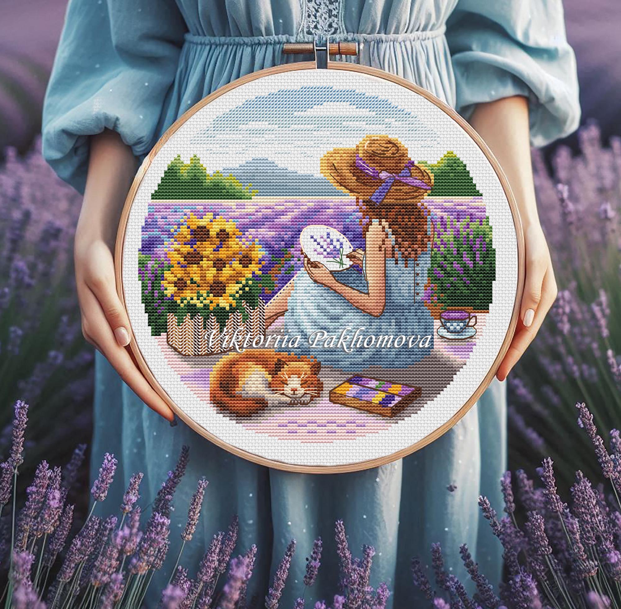 Lavender Fields Cross Stitch Pattern: Girl With Cat (PDF Download
