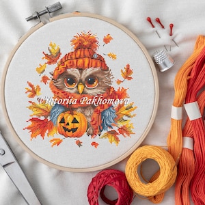 Autumn owl cross stitch pattern PDF, colorful funny bird embroidery, maple leaf pictorial design, needlepointh chart digital download