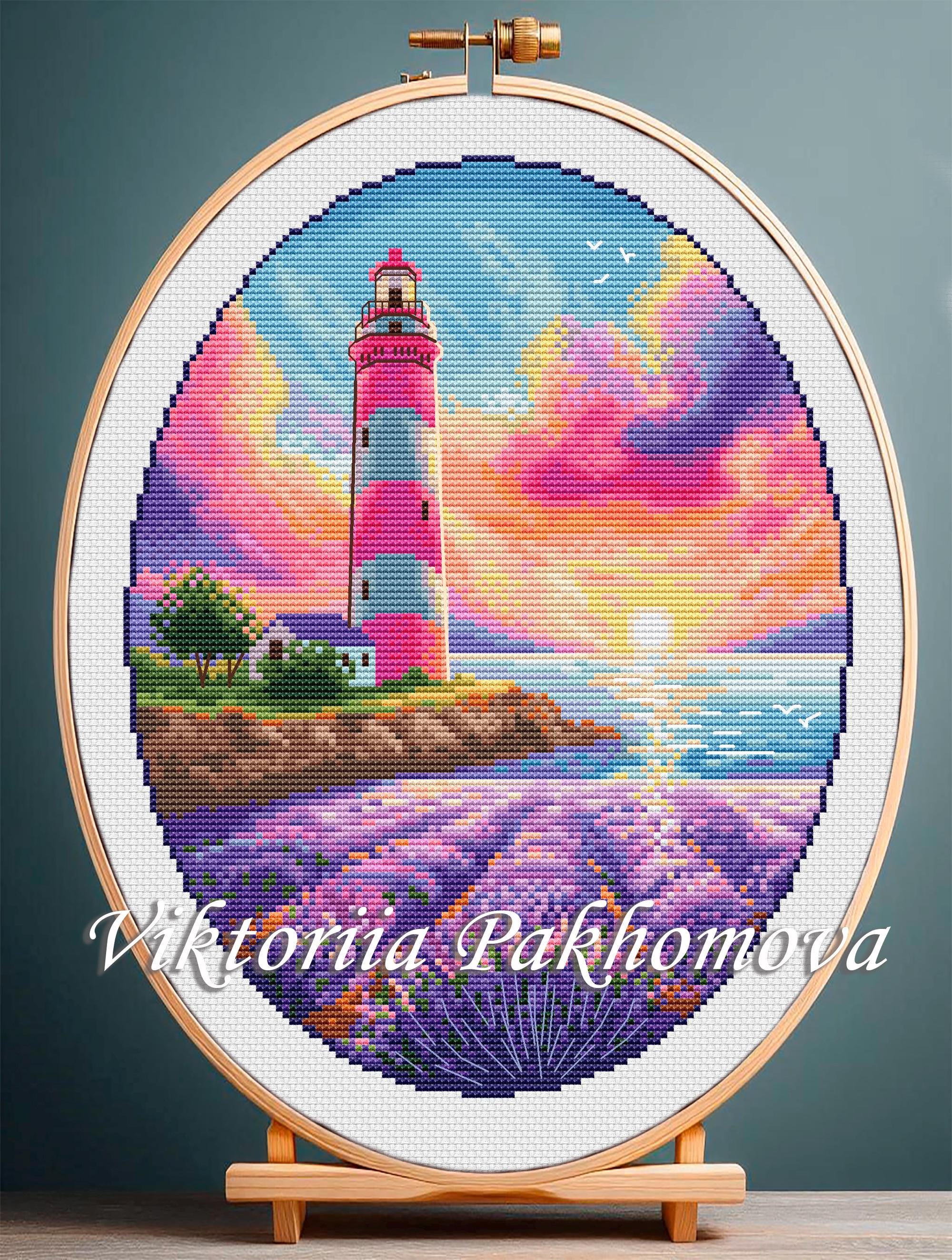 Lavender Lighthouse Cross Stitch Pattern: Floral Marine Landscape (PDF Download