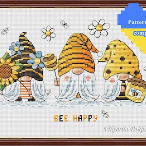 Bumblebee gnome cross stitch pattern pdf Pictorial honey dwarf funny tapestry Small dwarf embroidery digital download made in Ukraine