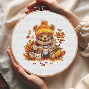 Fall coffee with bear cross stitch pattern pdf Pictorial funny woodland animal nursery embroidery Autumn maple leaf cocoa tea tapestry