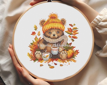 Autumn Teddy Bear Cross Stitch Pattern: Coffee, Woodland Embroidery (PDF)
