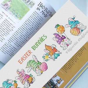 May include: Cross stitch pattern featuring five Easter bunnies dressed as gnomes. The bunnies are wearing colourful hats and holding carrots and Easter eggs. The pattern is titled "Easter Bunnies".