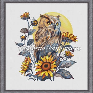 Tawny owl cross stitch pattern pdf Pictorial funny sunflower barn bird diy Made in Ukraine floral tapestry nursery decor digital download