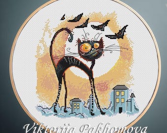Patrón de punto de cruz de gato negro para Halloween: Bordado espeluznante de murciélago con estilo funky (descarga digital en PDF)