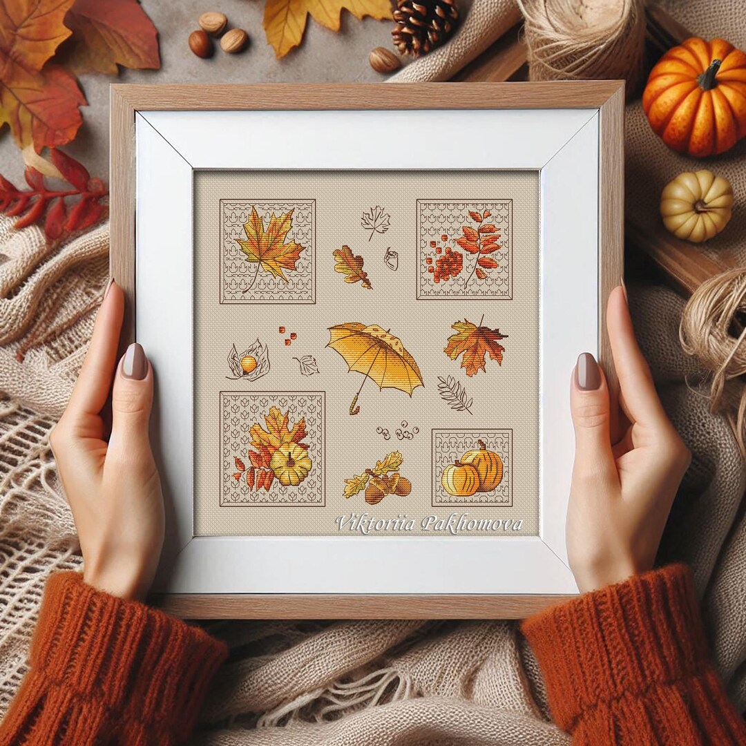 Autumn Sampler Cross Stitch Pattern: Maple Leaf & Pumpkin Embroidery ...